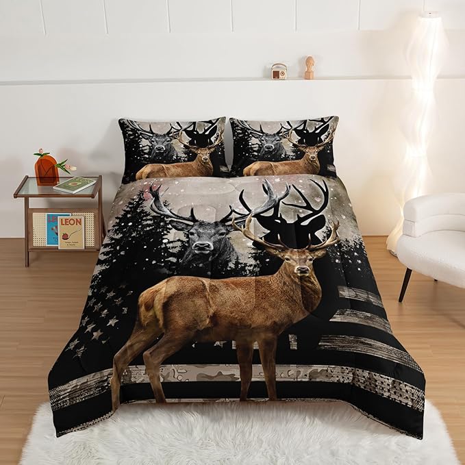 HOSIMA Snowy Forest Deer Comforter Set with 2 Pillowcases,Camo American Flag Twin Bed in a Bag Hunting Bedding Set for Teen Mens Bedroom Essentials,Wildlife Elk Comforter Boys Room Decor.