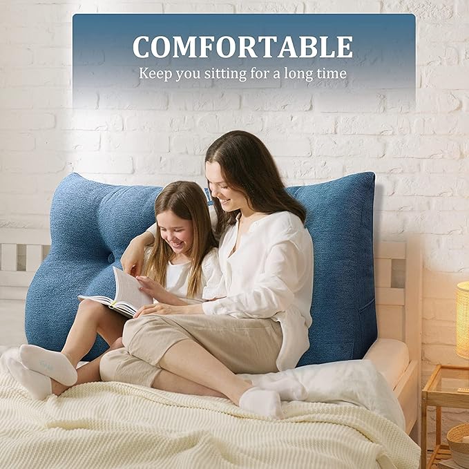 Wedge Headboard Pillow Dorm Room Reading Pillow Back Support for Sitting Up in Bed Bolster Lumbar Cushion Body Positioning Bedrest Cotton Linen 59in Blue Queen