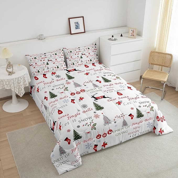 Christmas Bedding Twin, Colorful Merry Xmas Comforter Set for Kids, Snowflake Bells Tree Duvet Insert, Elk Down Comforter with 1 Pillowcase, Christmas Decorations for Bedroom
