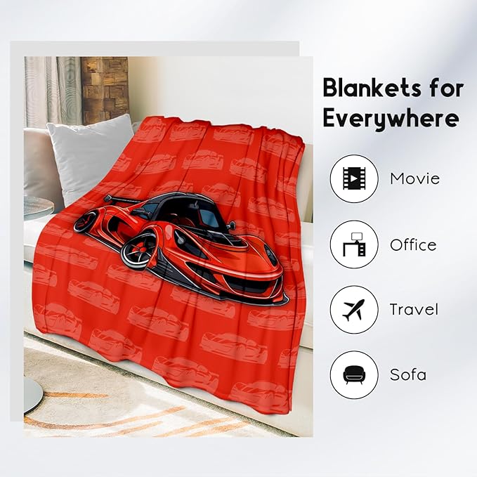 Racing Car Blanket, Cozy Soft Throw Gifts for Kids, Cute Red Flannel Throw Blankets for Bed Travel, 50x60 Inches