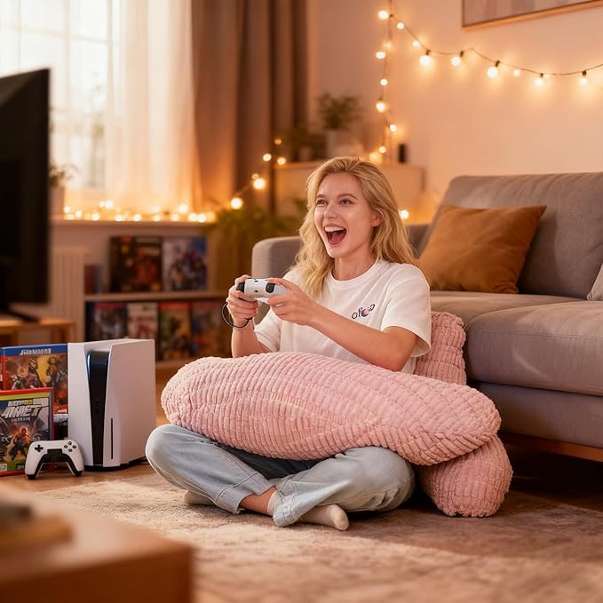 Back Pillow for Bed Sitting Up,U Shaped & Back Support Pillow for Bed,19" Backrest with Lumbar & Arm Support,Comfy Corduroy Fabric,Lap Pillow for Gaming/Reading/Watching TV,Pink