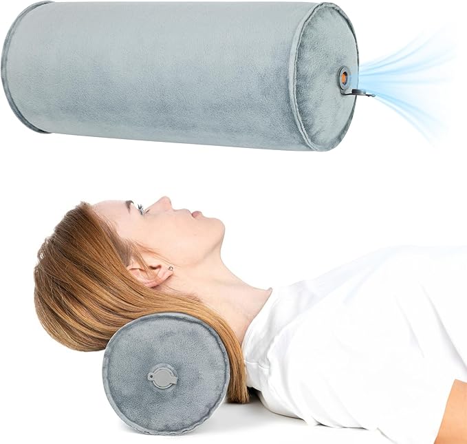 ONTYZZ Inflatable Round Neck Pillow Cervical Roll Pillow Cylinder Bolster Pillow for Head, Neck, Back, Legs and Yoga, Grey（4.92 * 14.96）