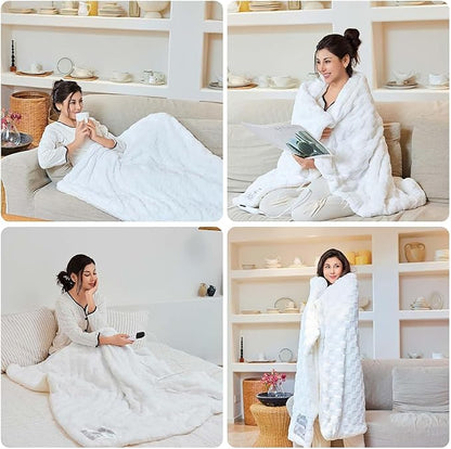 Electric Blanket Dual Control, Heated Blanket Flannel with 6 Heat Levels, 10 Time Settings, Soft Thicken Heating Blanket with ETL Certification, White, 84"× 90"