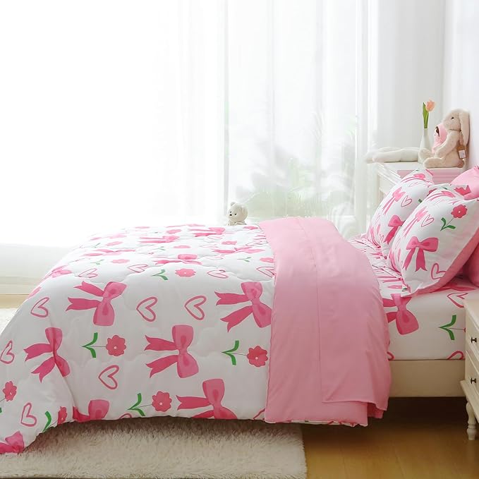 Pink Bow Comforter 7 Pieces Comforter Set Queen Size Pink Flower Bow Comforter for Girls Kids Romantic Princess Style Bow Tie Bedding Set Super Soft All Season