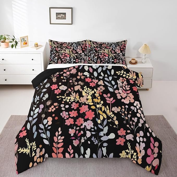 Erosebridal Cute Red Floral Comforter Set Full for Kids Girls Women,Colorful Wild Flower Bedding Set Boho Bedroom Decor,Watercolor Flowers Quilt Bed Set Rustic Wildflower Bed Comforter Set 3Pcs