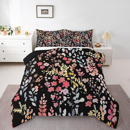 Erosebridal Cute Red Floral Comforter Set Full for Kids Girls Women,Colorful Wild Flower Bedding Set Boho Bedroom Decor,Watercolor Flowers Quilt Bed Set Rustic Wildflower Bed Comforter Set 3Pcs