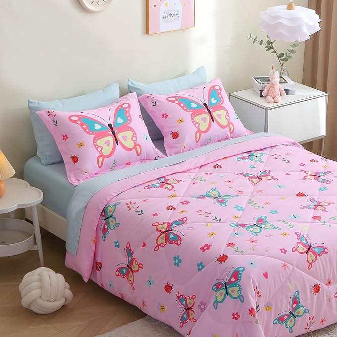 Girls Butterfly Comforter Set Full Size 7 Piece Bed in A Bag Colorful Pink Flowers Leaves Bedding Set for Kids Teens Super Soft All Season