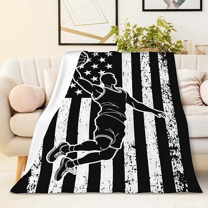 Basketball Blanket for Kids Son Grandson - 50x40 Inches Small Soft Fuzzy Flannel Sports Themed Throws Stuff Gifts for Travel Cars Office All Seasons