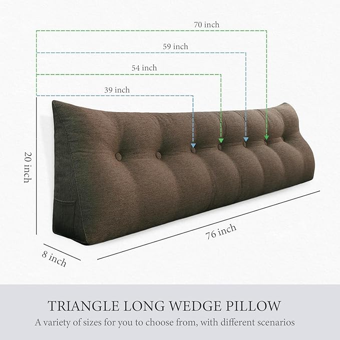 Wedge Headboard Pillow Dorm Room Reading Pillow Back Support for Sitting Up in Bed Bolster Lumbar Cushion Body Positioning Bedrest Cotton Linen 54in Coffee Full