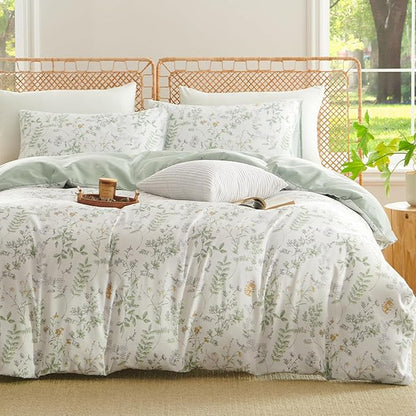 Botanical Duvet Cover Twin Sage Green Reversible Floral Bedding Set Farmhouse Leaf Bedding 2Pcs Modern Aesthetic Duvet Covers with Zipper Closure Ultra Soft Microfiber