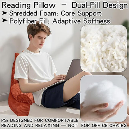 RRPAHWTV Reading Pillow for Bed with High Arm Rests,Back Support Pillow for Sitting Up in Bed with Shredded Memory Foam for Reading, TV, Gaming or Relaxing on Floor（Bright Orange, Small）