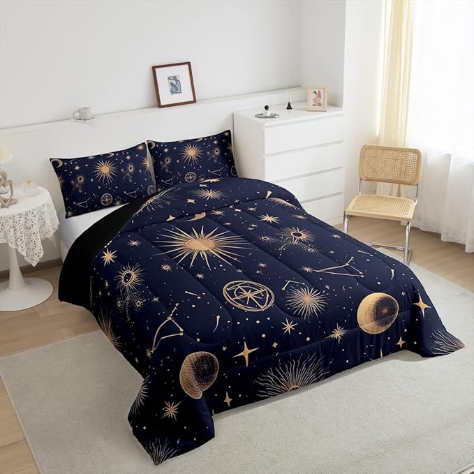 Feelyou Stars Print Comforter Set for Girls Boys Kids Toddler Size Soft Bohemia Comforter Room Decor Moon Bedding Set Medium Blue Duvet Set