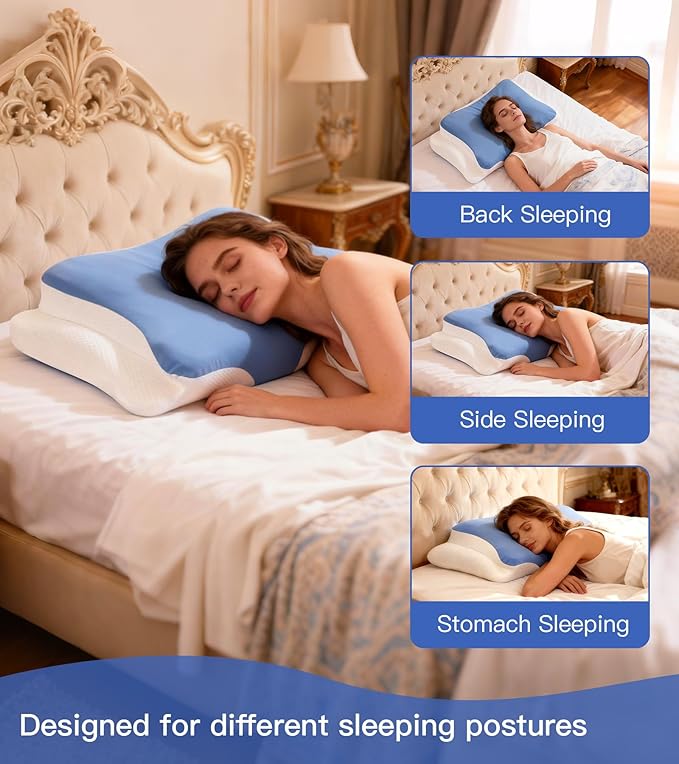 Neck Support Pillow Effectively Relieves Shoulder and Neck Pain, Ergonomic Memory Foam Pillow with Washable Ice Silk Cover, Breathable cervical Pillow for Back, Side, and Stomach Sleepers (Blue White)