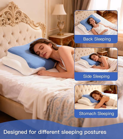 Neck Support Pillow Effectively Relieves Shoulder and Neck Pain, Ergonomic Memory Foam Pillow with Washable Ice Silk Cover, Breathable cervical Pillow for Back, Side, and Stomach Sleepers (Blue White)