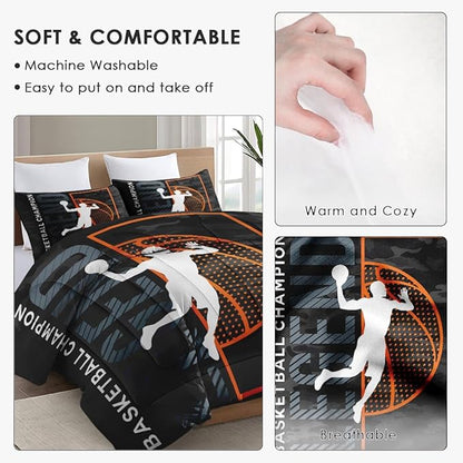 Twin Size Comforter Set with Pillowcase, Basketball Sport Soft 2 Pcs Bedding for Kids and Adults, Bed Decor Urban Comforter Set for Room Bedroom