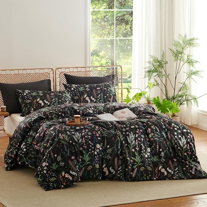 Floral Duvet Cover Queen Black 3 Pieces Elegant Botanical Flower Bedding Set Farmhosue Aesthetic Bedding Soft Microfiber Duvet Cover Set with 2 Pillowcases