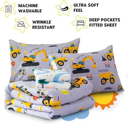 Holawakaka Construction Truck 5-Piece Twin Bed-in-A-Bag Set, Boys Comforter & Sheet Set with Excavator & Tractor Print, Kids Bedding Collection, Machine Washable, Gift for Kids