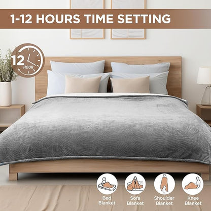 Westinghouse Electric Blanket King, Flower Jacquard Heated Blanket King Size with 10 Heating Levels and 1-12 Hours Auto-Off, Flannel to Sherpa Reversible, Machine Washable, 90" x 100" Inch, Grey