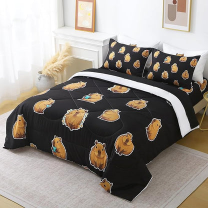 Wajade Capybara Comforter Set 7 Piece Cute Black Animal Bedding Set Capybara for Boys Girls Room Decoration Queen Size with Sheet and 2 Pillowcases 2 Pillow Shams Cute Bed in a Bag as Birthday Gift