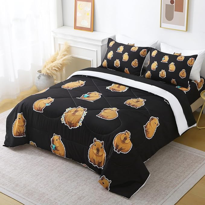 Wajade Capybara Comforter Set 7 Piece Cute Black Animal Bedding Set Capybara for Boys Girls Room Decoration Full Size with Sheet and 2 Pillowcases 2 Pillow Shams Cute Bed in a Bag as Birthday Gift