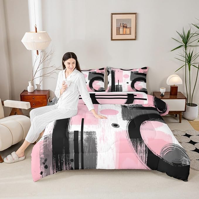 Feelyou Kids Abstract Art Comforter Set Full Size Geometric Bedding Set for Boys Girls Teens Bedroom Decor Geometric Pink Grey Black Comforter Women Men Modern Duvet Set with 2 Pillow Case