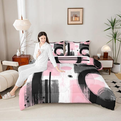 Feelyou Kids Abstract Art Comforter Set Full Size Geometric Bedding Set for Boys Girls Teens Bedroom Decor Geometric Pink Grey Black Comforter Women Men Modern Duvet Set with 2 Pillow Case