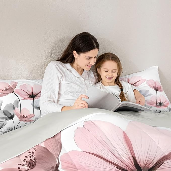Erosebridal Cute Pink Floral Queen Comforter Set,Pink and Grey Flower Bedding Sets for Kids Girls Women,Boho Wildflower Bed Set,Rustic Country Flowers Room Decor with 2 Pillowcases,Breathable