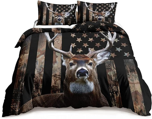 HOSIMA Deer Hunting Bedding Sets,Deer and American Flag Duvet Cover for Hunter Bedroom Decor with 2 Pillowcases Camouflage Bedding Sets for Adult Teen boy Bedding.