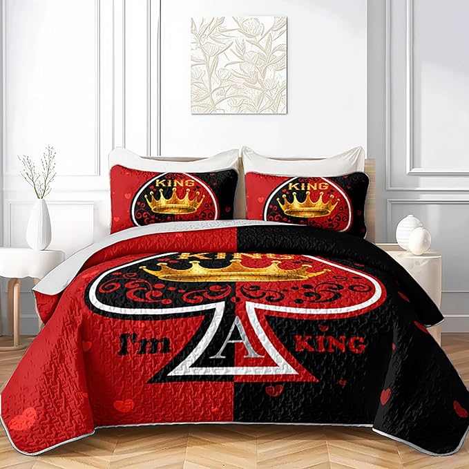 AILONEN Red & Black Quilt Set for Couples Lovers - Full King Crown Printed Bedspread Coverlet,His Hers Themmed Love Heart Quilted Bedding + 2 Pillowcases