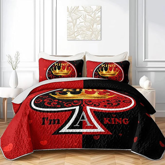 AILONEN Red & Black Quilt Set for Couples Lovers - Full King Crown Printed Bedspread Coverlet,His Hers Themmed Love Heart Quilted Bedding + 2 Pillowcases