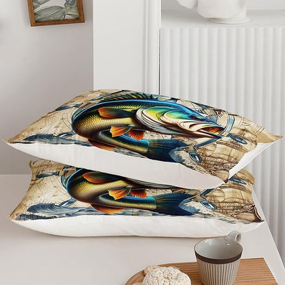 Bass Big Fish Comforter Set for Kids Boys Queen Size, Nautical Hunting and Fishing Pattern Bedding Sets, 3Pcs Vintage Wooden Comforter Soft Decor Underwater Animals Theme Quilt Set
