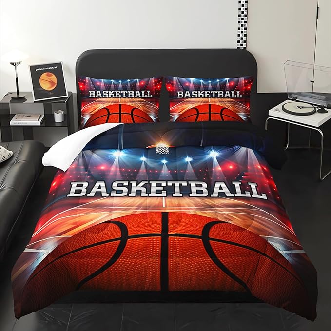 Sports Basketball Print Comforter 3Pcs Twin Ball Sport Gaming Basketball Court Bedding Set for Kid Teen Girl Boy Adult Basketball Sport Games Quilt Bed Decor with 1 Comforter and 2 Pillowcases