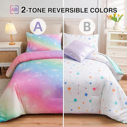 A Nice Night 6Pcs Gradient Glitter Bedding Set for Girls, Colorful Rainbow Galaxy Comforter Set, Ultra Soft Bedding Sets (Pink,Queen 6Pcs)