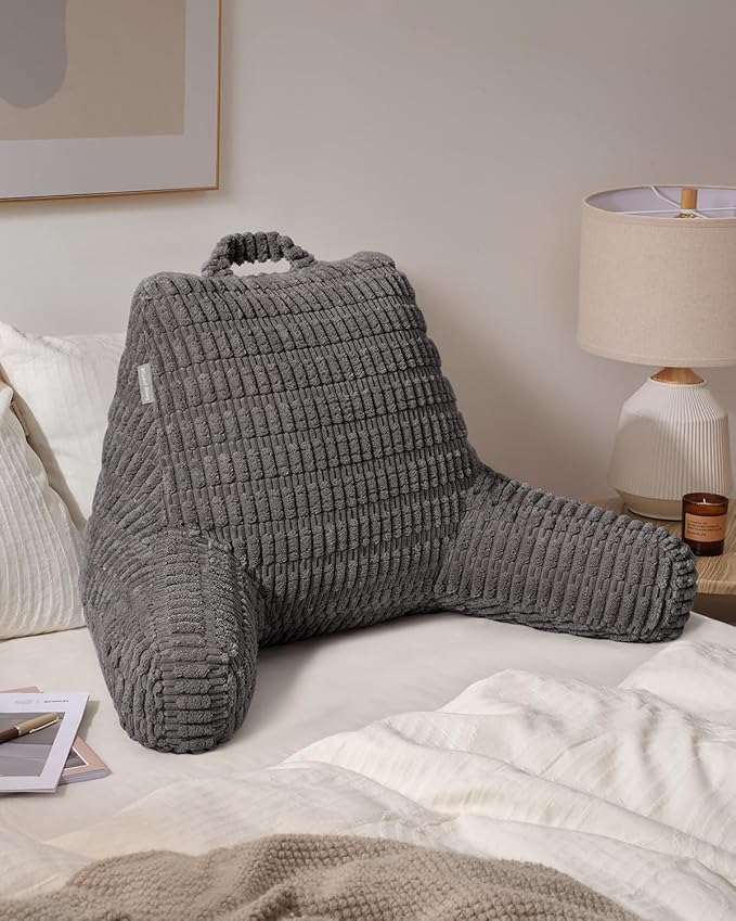Blissful Diary Reading Pillow, Large Backrest Pillow with Shredded Memory Foam for Adult & Children, Designed for Bed and Couch Sitting Up, Includes Arms, Pockets and Washable Cover, Dark Gray