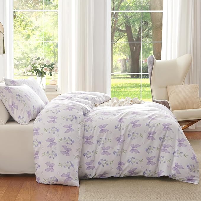 Purple Bow Duvet Cover Queen 3Pcs Girls Floral Duvet Cover Set, Cute Romantic Princess Style Bowknot Bedding Set Soft Microfiber Garden Flower Bedding with 2 Pillowcases(No Comforter)