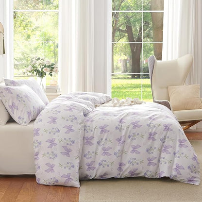 Purple Bow Duvet Cover King 3Pcs Girls Floral Duvet Cover Set, Cute Romantic Princess Style Bowknot Bedding Set Soft Microfiber Garden Flower Bedding with 2 Pillowcases(No Comforter)