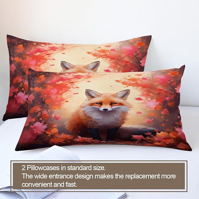 Fox Print Duvet Cover Queen Size, Maple Jungle Red Fox Bedding Set 3 Piece Bedroom Decor Vintage Animal Floral Comforter Cover and 2 Pillow Sham with Zipper Closure