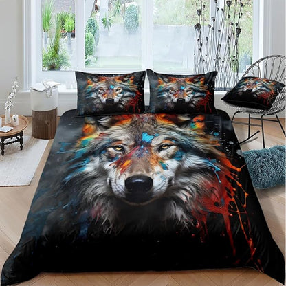Cartoon Wolf Bed Duvet Cover Sets Queen Size with 2 Pillow Cases for Kids Girls Teens Adult Bedroom Decor, Animal Petal Country Bedding Decor