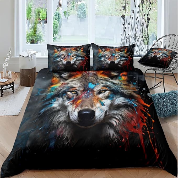 Cartoon Wolf Bed Duvet Cover Sets Twin Size with 2 Pillow Cases for Kids Boys Teens Adult Petal Country Bedding Decor