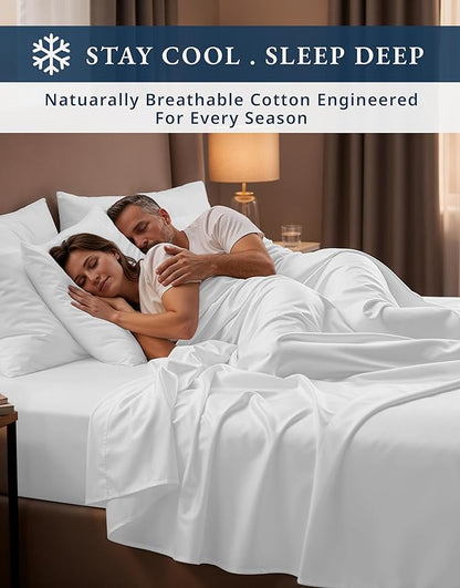 LANE LINEN Ultra Soft Queen Size Sheets Set,100% Egyptian Cotton Mercerized Fully Elasticized with French Seam on Fitted Hotel Like Thick Luxury Bed Sheets Queen Size - Brilliant White