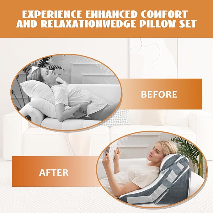 4PCS Orthopedic Bed Wedge Pillow Set, Adjustable Curve Memory Foam Wedge Pillow, Pillow Wedges for Post Surgery, Back Pain Relief, Triangle Pillows for Acid Reflux, Snoring, GERD, White/Grey