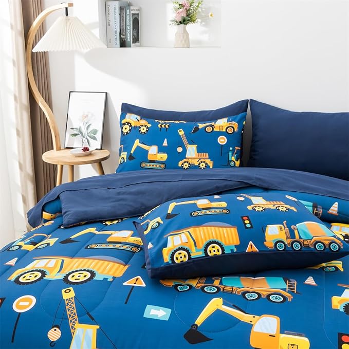NTBED 5 Pieces Construction Truck Full Comforter Set for Boys Kids Bed in a Bag Vehicles Excavator Lightweight Microfiber Bedding Sets,Blue