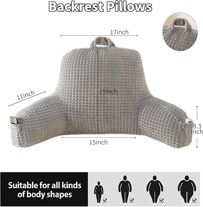 Reading Pillow for Sitting in Bed, Large Backrest Reading Pillow with Arm Rest,Back-Rest Support Cushion for Sit Up on Couch, Sofa, and Floor, Dorm Essentials (Grey Flannel, Large(19"))