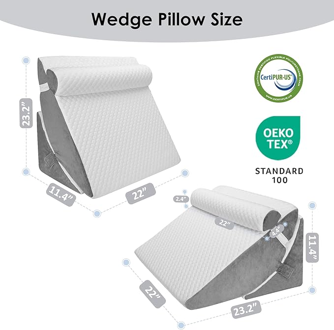 Bed Wedge Pillow for Sleeping, 3PCS Wedge Pillow Set for After Surgery, Adjustable 7 &12 inch Pillow Wedges for Acid Reflux Relief, Back Pain Relief, Sleep Apnea, Sitting Up, Headboard (White/Grey)