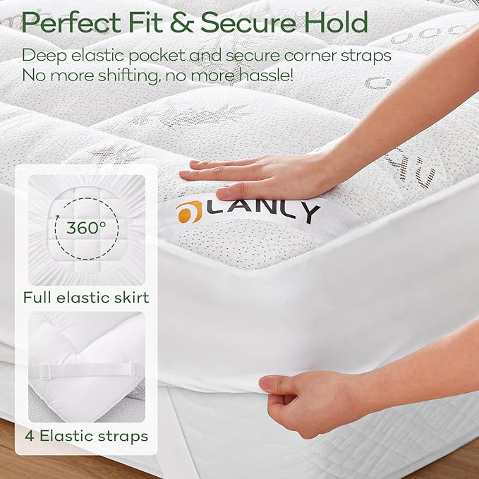 OLANLY King Mattress Topper – Viscose Made from Bamboo, Cooling Soft King Pillow Top Mattress Pad for Back Pain Relief, Plush Down Alternative Fill Bed Topper with Elastic Deep Pocket, White
