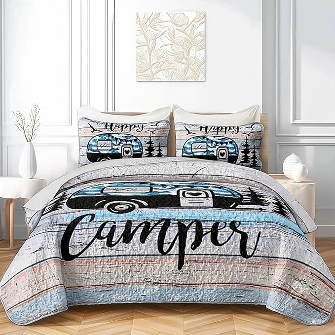 HOSIMA Happy Camper Decor Twin Quilt Set,Camouflage Camping Quilt for Adults Room Decor,Camper Accessories for Travel Trailers Camping Themed Bedding with 2 Pillowcases.