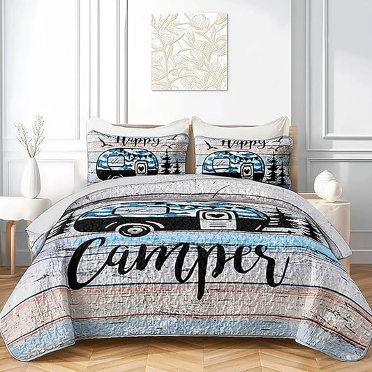 HOSIMA Happy Camper Decor Full Size Quilt Set,Camouflage Camping Quilt for Adults Room Decor,Camper Accessories for Travel Trailers Camping Themed Bedding with 2 Pillowcases.