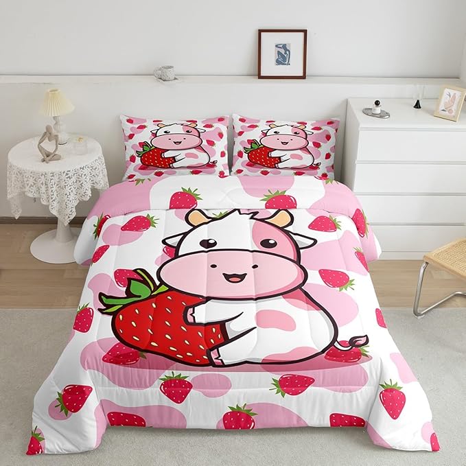 Feelyou Milk Cow Comforter Pink White Cow Strawberry Pattern Comforter Set Bedding Set for Kids Adults Kawaii Girls Milk Cow Print Duvet Set Ultra Soft Room Decor Twin Size Quilt Set
