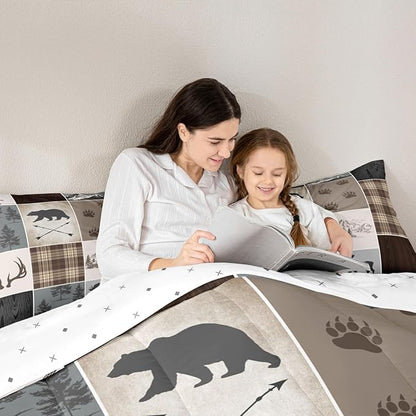 Hunting Camper Comforter Set Queen Size Bear Elk Arrow Wild Animals Bedding Set Kids Boys Teens Women Rustic Farmhouse Cabin Home Decor 3pcs,Retro Geometric Stripes Plaid Duvet Insert,Brown Grey