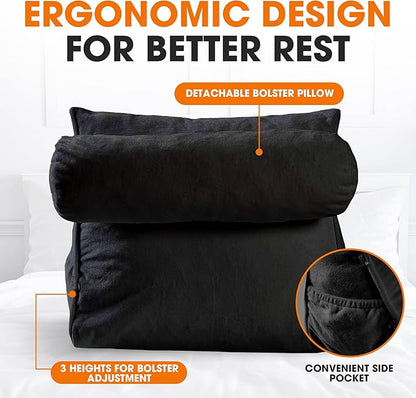 Cheer Collection Reading Wedge Pillow – TV Pillow with Adjustable Bolster Pillow, Memory Foam Back Support for Couch & Bed, Pillow Chair for Bed, Reading Pillows for Adults & Kids, XL, Black